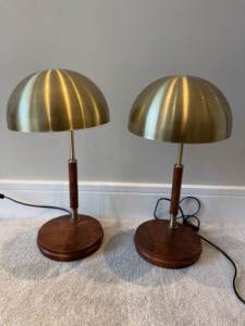 Pair of Dark Wood & Brass Side Lamps. Size H50cm.