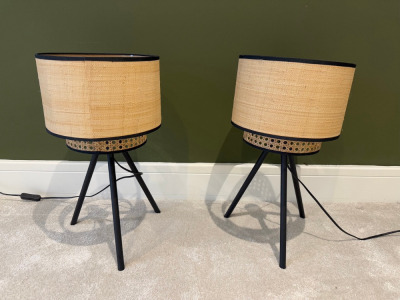 Pair of Black & Wicker Tripod Lamps with Shades. Size H49cm.