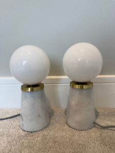 Pair of White Marble & White Glass Round Shade with Brass Detail. Size H16cm.