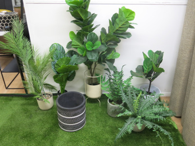 7 x Assorted Faux Plants with Assorted Pots/Vases.