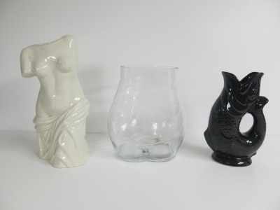 3 x Vases to Include: White Ceramic Nude Figure, Black Fish & Glass Ladies Bottom.