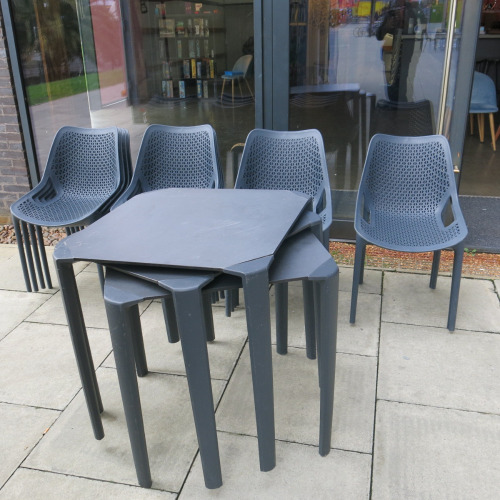 Set of Outside Stackable Furniture to Include: 4 x Ezpeleta One Tables, Size H70 x W70 x D70cm, 14 x Plastic Chairs in Grey & 10 x Grey Cushions.