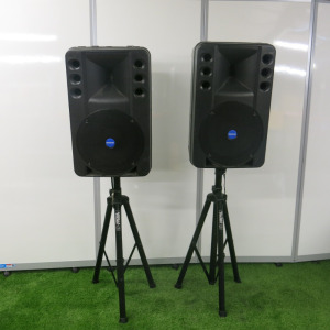 Pair of Mackie Industrial Active Speaker System, Model ART 300A. Comes with Pair of Gorilla Tripod Stands.