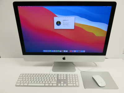 Apple 27" iMac, MacOS Big Sur, 11.7.10. 4QHz Quad Core Intel i7, 32GB Memory, 3.12TB Fusion Drive, Graphics AMD Radeon R9 M395X 4GB. Comes in Box with Wired Keyboard & Wireless Mouse with Mousepad.