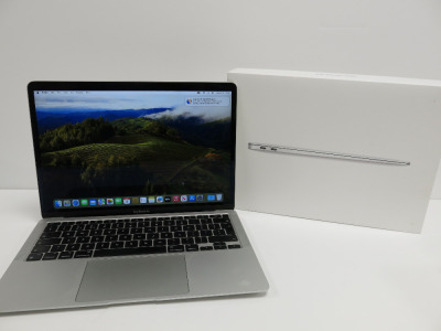 Apple 13" MacBook Air, Model A2337 (2020), S/N FVF JN8LV1WFY. MacOS Sonoma 14.7.4. Apple M1, 8 Core CPU & 7 Core GPU, 8GB Memory, 256GB SSD. Comes in Box with Charger.