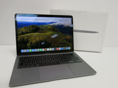 Apple 13" MacBook Air, Model A2337 (2020), S/N FVFLMRTK1WFV. MacOS Sonoma 14.7.2. Apple M1, 8 Core CPU & 7 Core GPU, 8GB Memory, 256GB SSD. Comes in Box with Charger.