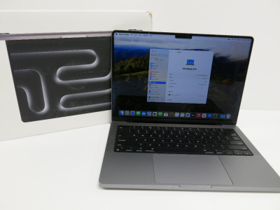 Apple 14" MacBook Pro, Model A2918 (2023), S/N HQWHDQXW3T. Mac OS Sonoma 14.7.4. Apple M3, 16GB Memory, 500GB SSD. Comes in Box with Charger.