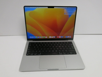 Apple 14" MacBook Pro, Model A2442 (2021), S/N VX3T22QQ03. Ventura 13.7.4. Apple M1 Pro, 16GB Memory, 500GB SSD. Comes with PSU & Grey Zip Carry Bag.