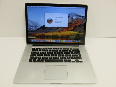 Apple 15" MacBook Pro, Model A1398 (2015), S/NC02MPA3FFD57. MacOS High Sierra 10.13.5. Intel Core i7, 2.3GHz, 16GB Memory, 500GB Flash Storage. Comes with PSU.