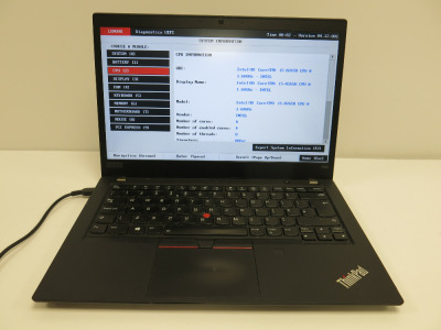 Lenovo 14" ThinkPad, Model T490. No Operating Software. Intel Core i5-8265U, CPU @ 1.60GHz, 8GB RAM, 237GB HDD. Comes with PSU. NOTE: battery requires attention.