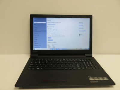 Lenovo 15.6" Laptop, Model V110. Running Windows 10 Home. Intel Core i3-6006U, CPU @ 2.00GHz, 8GB RAM, 426GB HDD. Comes with PSU.
