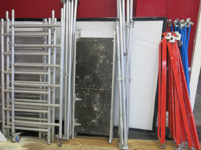 BPS Access Solutions Aluminium Boltless 2 Tier Mobile Scaffold Tower, Size H350 x W160 x D80cm to Include: 8 x Full Uprights, 4 x Half Uprights 3 x Platforms 12 x Supports/Bars, 9 x Kick Plates (Red) & 11 x Handrails (Blue).