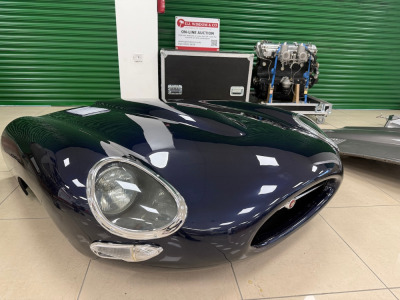 E-Type Fibreglass Bonnet in Blue with Chrome Detail & Headlights.