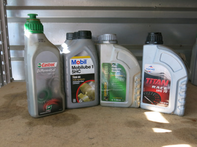 9 x Assorted 1L Sealed Oils to Include: 3 x Difflock Evolution 1 Fully Synthetic Gear Oil, 3 x Mobil Mobilube 1 SHC 75W-90 & 2 x Fuchs Titan Race SRG 75 & 1 x Castrol Differential SAF-XJ.