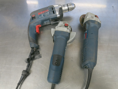 3 x Assorted Bosch Power Tools to Include: 1 x Hammer Drill, Model GSB 16 RE, 1 Angle Grinder 7-115 & 1 x Angle Grinder, Model 9-115. NOTE: wire to drill requires rewire.