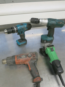 4 x Assorted Hand Tools to Include: 2 x Drills, 1 x Heat Gun & 1 x Grinder.