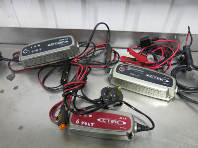 3 x CTEK Battery Chargers to Include: MXS 5.0 (12v/5A), MXS 3.6 (12V/0.8-3.6A) & XC 0.8 (6V/0.8A). NOTE: XC 0.8 missing clips.