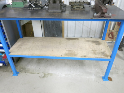 Metal Framed Bench with Steel Top and Shelf Under in Blue. Size H90 x W150 x D60cm.