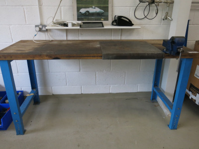 Height Adjustable Metal Framed Bench with Wooden Top In Blue & Steel Welding Plate & Record No 3 Bench Vise. Size W200 x 75cm. Requires Dismantling.
