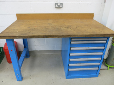 Height Adjustable Metal framed Bench with Wooden top in Blue with Listar 7 Drawer Cabinet. Size W150 x D80cm