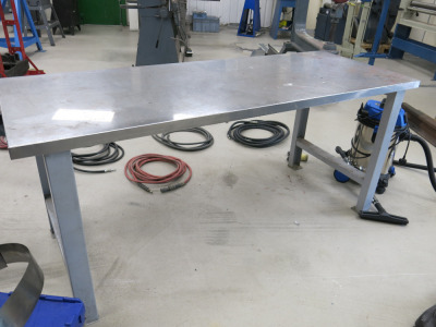 Metal Framed Wood Top Workshop Table with Stainless Steel Top. Size H87 x W200 x D75cm.