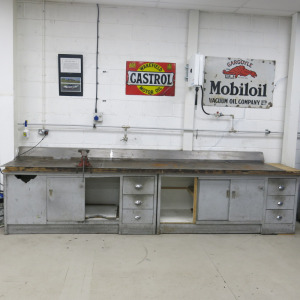 Bespoke Made Welding Bench with Thick Metal Top, Record 75 Bench Vise & 2 Wooden Benches Underneath with Drawers & Cupboards. Size H94 x W405 X D75cm. Buyer to dismantle & remove.