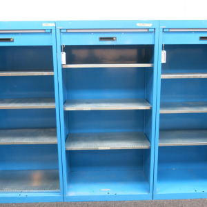 Lista Heavy Duty Metal Roller Shutter Cupboard in Blue with 3 Shelves & Key. Size H195 x W110 x D64cm.