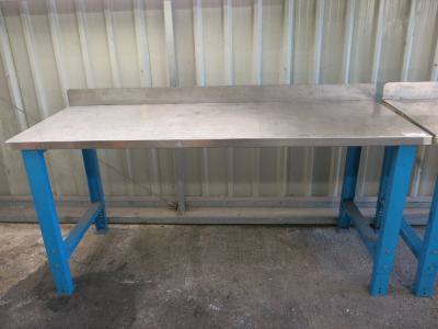 Height Adjustable Metal Framed Wood Top Workshop Table in Blue with Stainless Steel Top, Size W200 x D75cm.