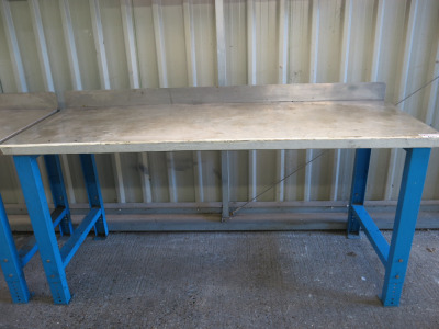 Height Adjustable Metal Framed Wood Top Workshop Table in Blue with Stainless Steel Top, Size W200 x D75cm.