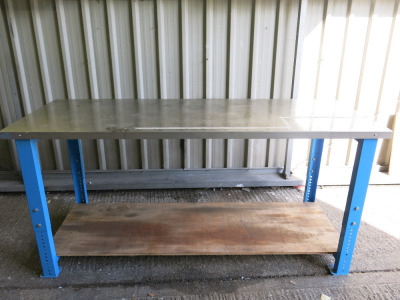 Height Adjustable Metal Framed Wood Top Workshop Table in Blue with Stainless Steel Top. Comes with Wooden Shelf Under. Size W200 x D75cm.