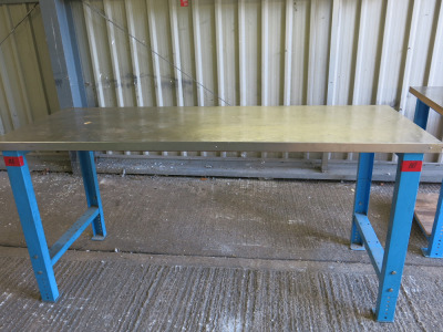 Height Adjustable Metal Framed Wood Top Workshop Table in Blue with Stainless Steel Top, Size W200 x D75cm.