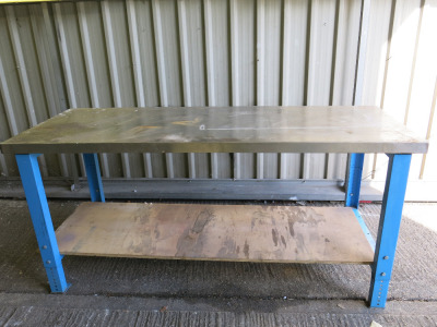 Height Adjustable Metal Framed Wood Top Workshop Table in Blue with Stainless Steel Top. Comes with Wooden Shelf Under. Size W200 x D75cm.