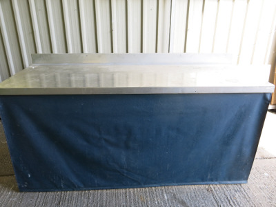 Height Adjustable Metal Framed Wood Top Workshop Table in Blue with Stainless Steel Top, Part Splash Back & UPVC Curtain, Size W200 x D75cm.