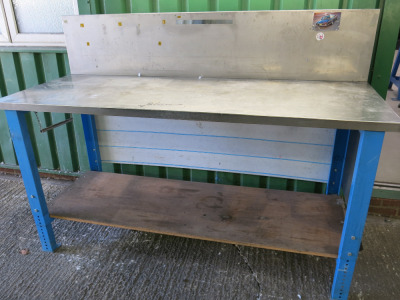 Height Adjustable Metal Framed Wood Top Workshop Table in Blue with Stainless Steel Top. Comes with Shelf Under & Part Splash Back to Side & Back, Size W200 x D75cm.