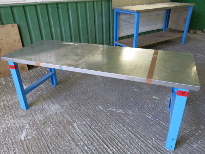 Height Adjustable Metal Framed Wood Top Workshop Table in Blue with Stainless Steel Top, Size W200 x D75cm.