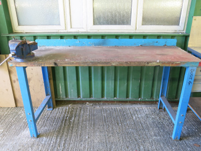 Height Adjustable Metal Framed Wood Top Workshop Table in Blue. Comes with Kamasa VT1002N Bench Vice, Size W200 x D75cm.