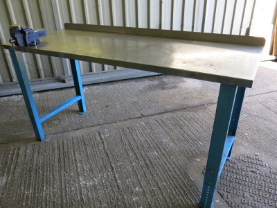 Height Adjustable Metal Framed Wood Top Workshop Table in Blue with Stainless Steel Top. Comes with Record No.3 Bench Vice, Size W200 x D75cm.