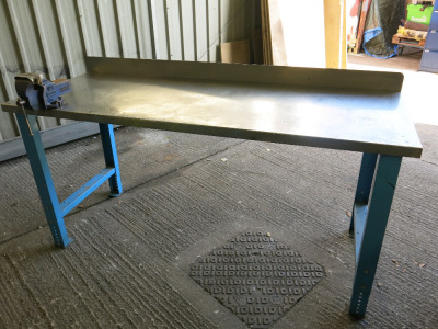 Height Adjustable Metal Framed Wood Top Workshop Table in Blue with Stainless Steel Top. Comes with Record No.3 Bench Vice, Size W200 x D75cm.