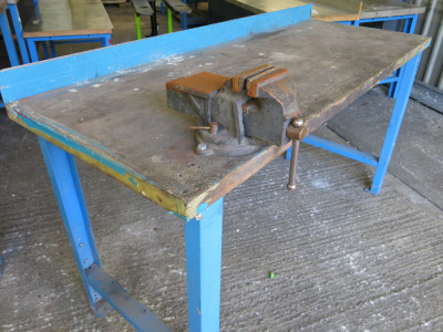 Height Adjustable Metal Framed Wood Top Workshop Table in Blue. Comes with Bench Vice, Size W200 x D75cm.