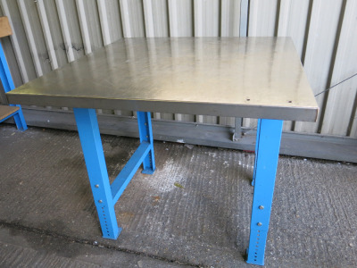 Height Adjustable Metal Framed Wood Top Workshop Table in Blue with Stainless Steel Top. Size W100 x D100cm.