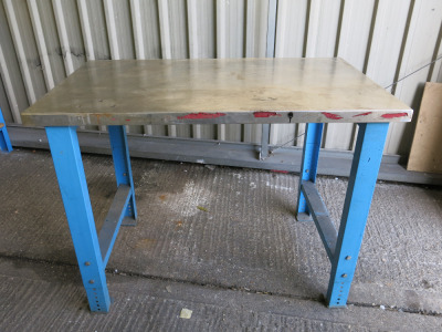 Height Adjustable Metal Framed Wood Top Workshop Table in Blue with Stainless Steel Top. Size W125 x D75cm.