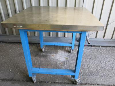 Mobile Height Adjustable Metal Framed Wood Top Workshop Table in Blue with Stainless Steel Top & Paper Roll Holder on Side. Size W100 x D100cm