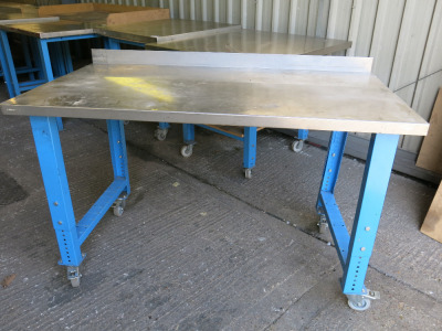 Mobile Height Adjustable Metal Framed Wood Top Workshop Table in Blue with Stainless Steel Top. Size W150 x D80cm
