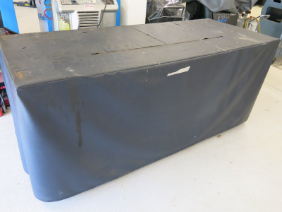 Mobile Height Adjustable Metal Framed Wood Top Workshop Table in Blue with Shelf Under & UPVC Curtain. Size W200 x D80cm.
