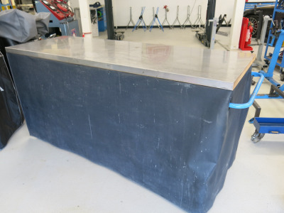 Mobile Height Adjustable Metal Framed Wood Top Workshop Table in Blue with Stainless Steel Top, Shelf Under & UPVC Curtain. Size W200 x D70cm.