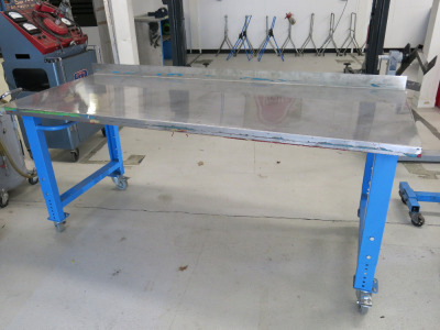 Mobile Height Adjustable Metal Framed Wood Top Workshop Table in Blue with Stainless Steel Top & Part Splash Back. Size W200 x D80m.
