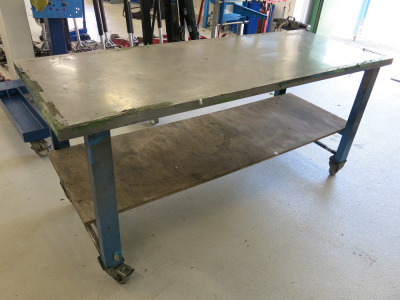 Mobile Height Adjustable Metal Framed Wood Top Workshop Table in Blue with Stainless Steel Top & Shelf Under. Size W200 x D75m.