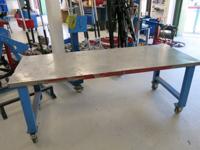 Mobile Height Adjustable Metal Framed Wood Top Workshop Table in Blue with Stainless Steel Top. Size W200 x D75m.