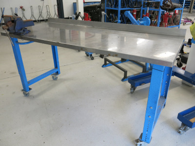 Mobile Height Adjustable Metal Framed Wood Top Workshop Table in Blue with Stainless Steel Top, Part Splash Back & Record 6 Ton VS Bench Vice. Size W200 x D80m.