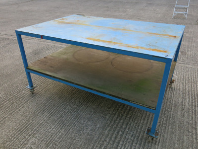 Mobile Metal Framed & Metal Topped Workshop Table in Blue with Shelf Under. Size H93 x W180 x D120cm.